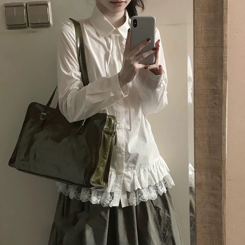 White Polo Collar Shirt Women's Spring and Autumn Design Stitching Lace Hem Long Sleeve Loose Sweet College Style Shirt White Polo Collar Shirt Women's Spring and Autumn Design Stitching Lace Hem Long Sleeve Loose Sweet College Style Shirt