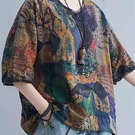 棉麻夏季新款印花文艺大码抽绳领短袖民族恤中老年女
