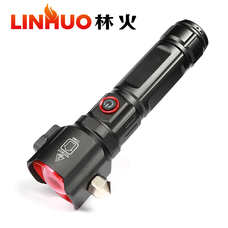 Nuevo zoom transfronterizo linterna recargable al aire libre luz fuerte tipo-C fuente de luz dual con banco de energía linterna de martillo de seguridad