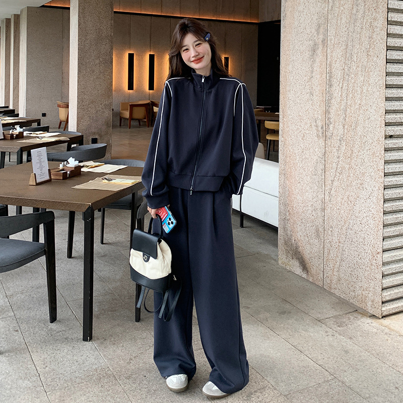 藏青色休闲卫衣运动套装女秋季2025新款韩系宽松显瘦阔腿裤两件套
