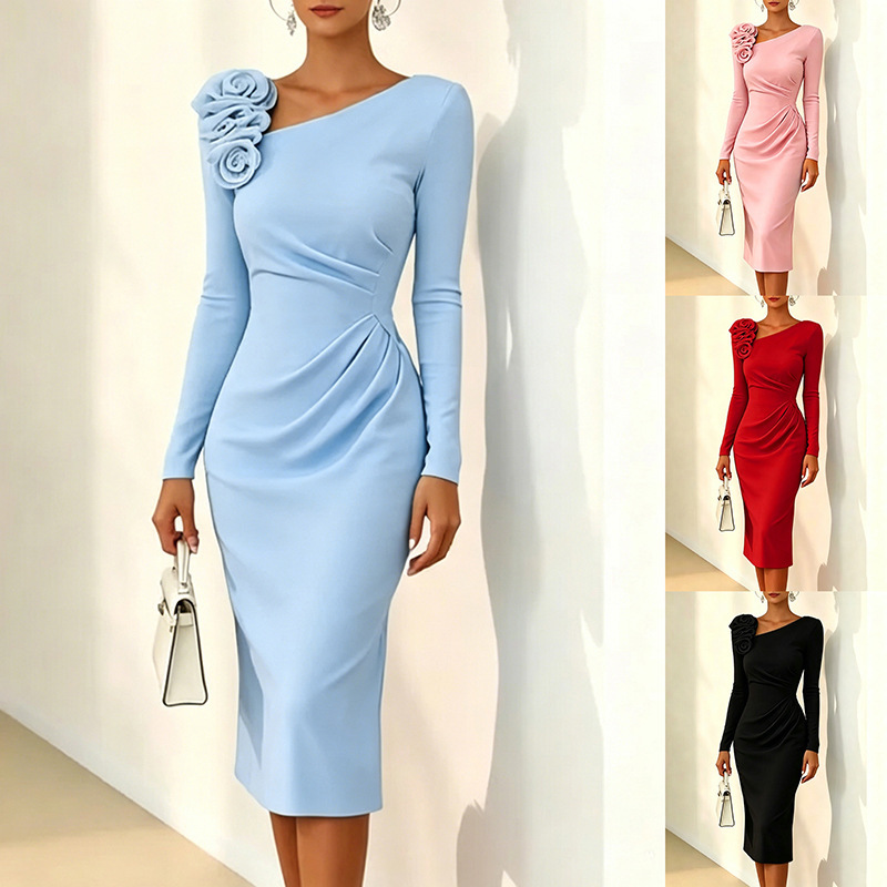 Amazon European and American Foreign Trade Women's Clothing Cross-Border Independent Site Autumn Rose Floral One-Shoulder Waist-Cinching Solid Color Long-Sleeve Dress