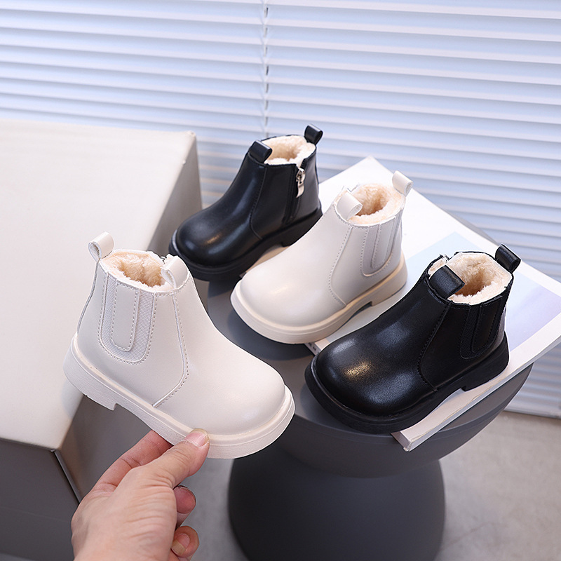 Stivali corti in pelle caldi per bambini di media e piccola taglia, in cotone, per bambini, alla moda, in inverno, nuovi, coreani, 2024_voghion.com