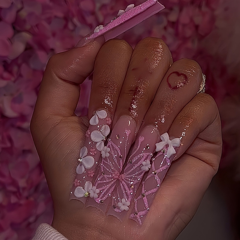 Cross-border selling Europe and the United States gorgeous sweet flowers butterfly flash broken diamond long European square fake nails finished products Cross-border selling Europe and the United States gorgeous sweet flowers butterfly flash broken diamond long European square fake nails finished products