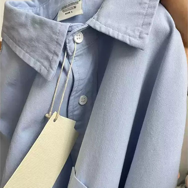 纯棉蓝色衬衫女春秋新款小清新宽松休闲百搭显瘦通勤衬衣外套上衣|undefined