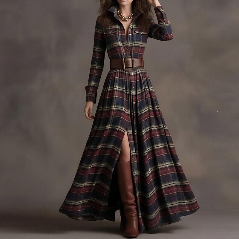 2026 Cross-Border Foreign Trade European and American Women's Clothing, New Autumn Styles, Fashionable, Casual, Elegant Plaid Lapel Slim-Fit Dress