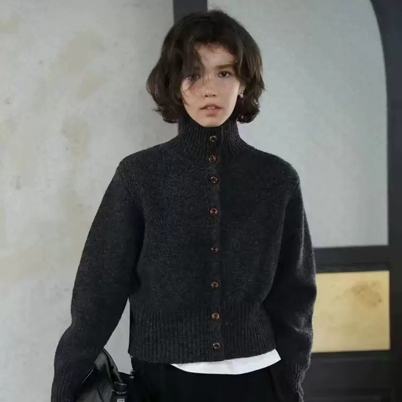 法式高领毛衣女慵懒风加厚针织打底羊毛衫短开衫外套纯色羊毛衫