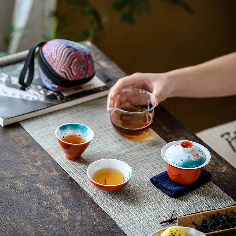 Esmalte pintado a mano un tazón dos tazas de viaje expreso portátil traje Kung Fu juego de té portátil burbuja tamaño pequeño mini pequeño cubierta tazón