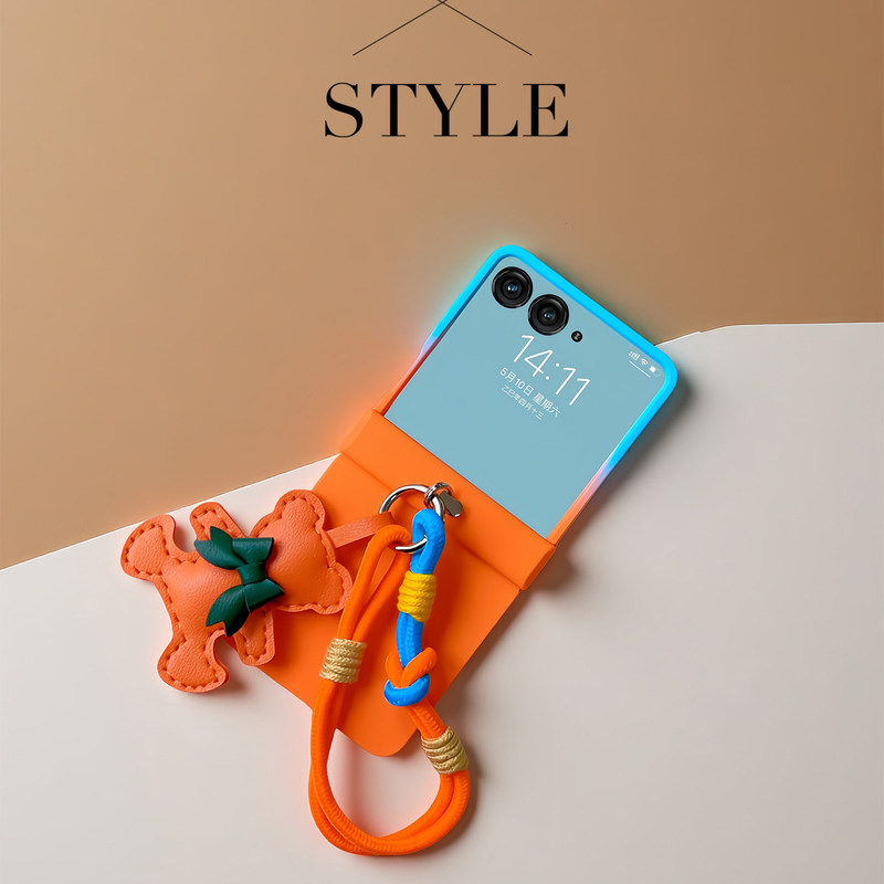 Japanese and Korean Orange-Blue Gradient Case Suitable for Samsung Zflip 30% off Foldable Phone, Zflip6 Full-Cover Hinge Case with Bear Lanyard