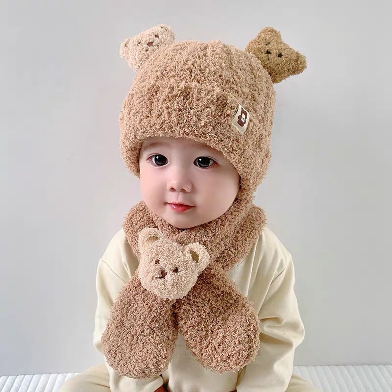 Little Bear Plush Baby Hat Autumn and Winter Baby Hat Scarf One Piece Set for Children's Warm Ear Protection Hat Super Cute