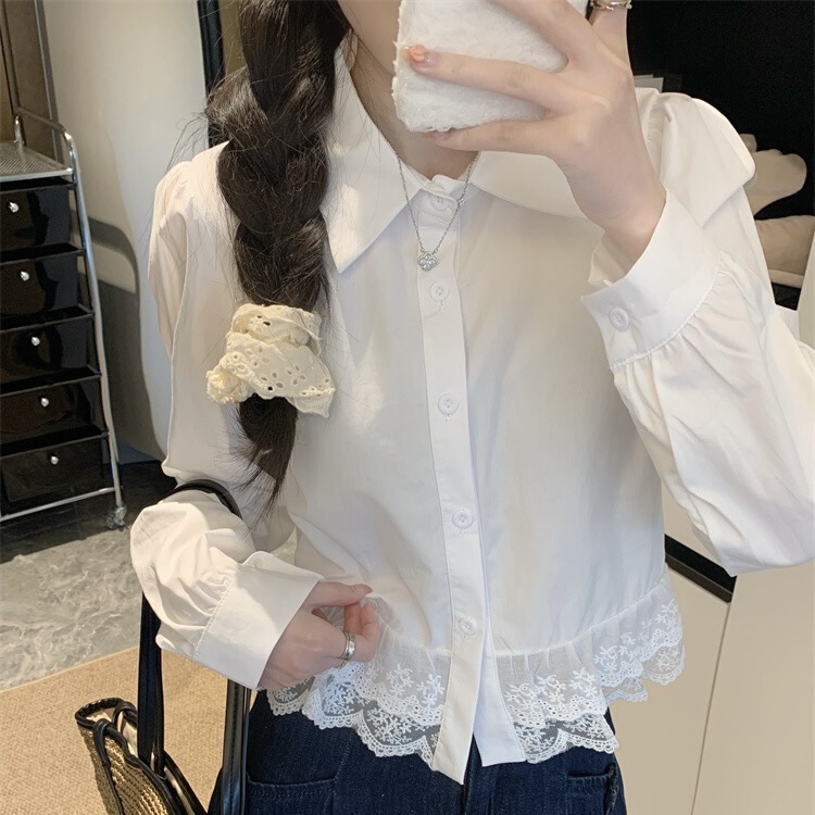 French Sweet Lace Stitching White Shirt Women's Spring and Autumn Polo Collar All-match Slimming Shirt Design Top