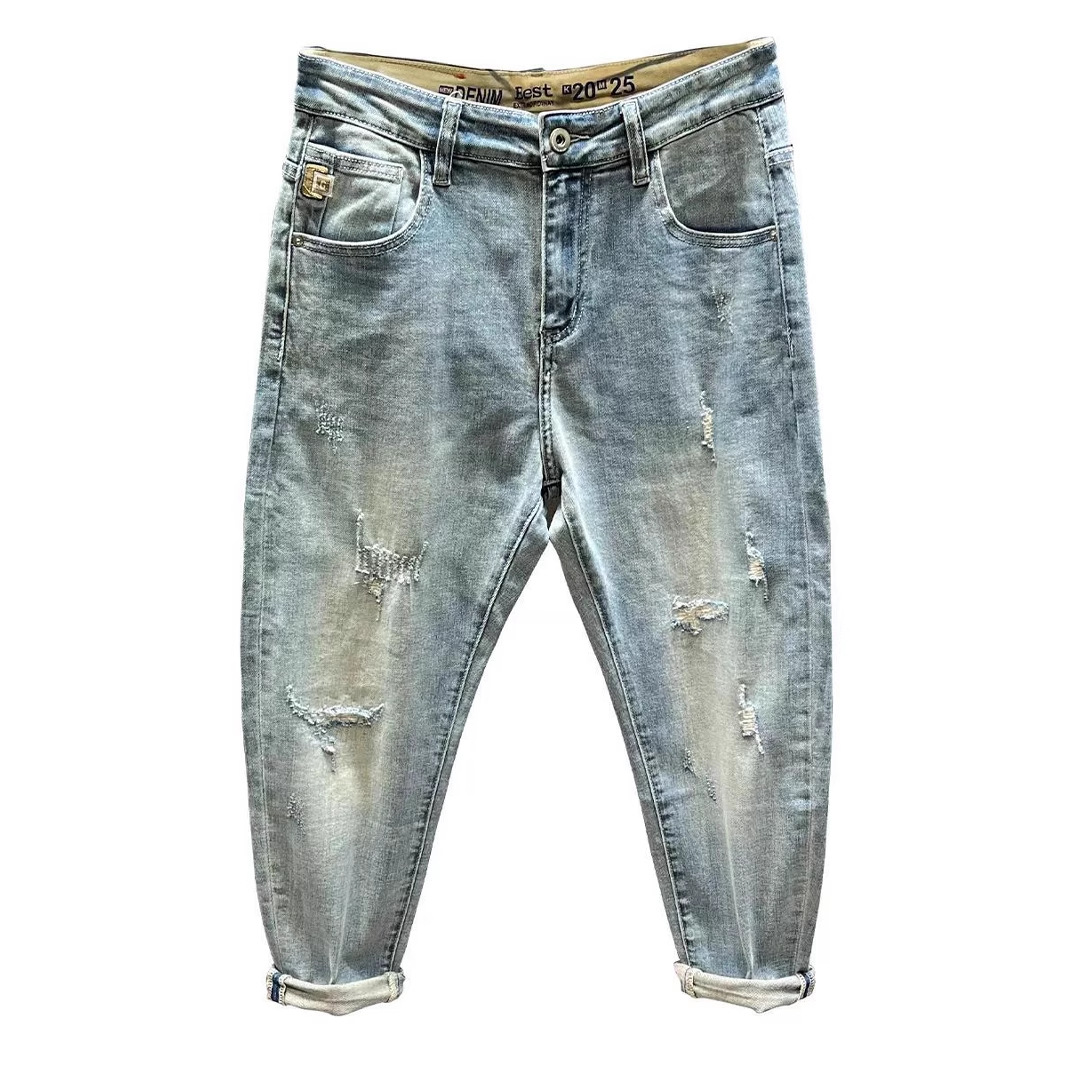 Men's Trendy Ripped Cropped Jeans Light Colored Summer Thin Distressed Tapered Harem Pants New_mkmklike.com