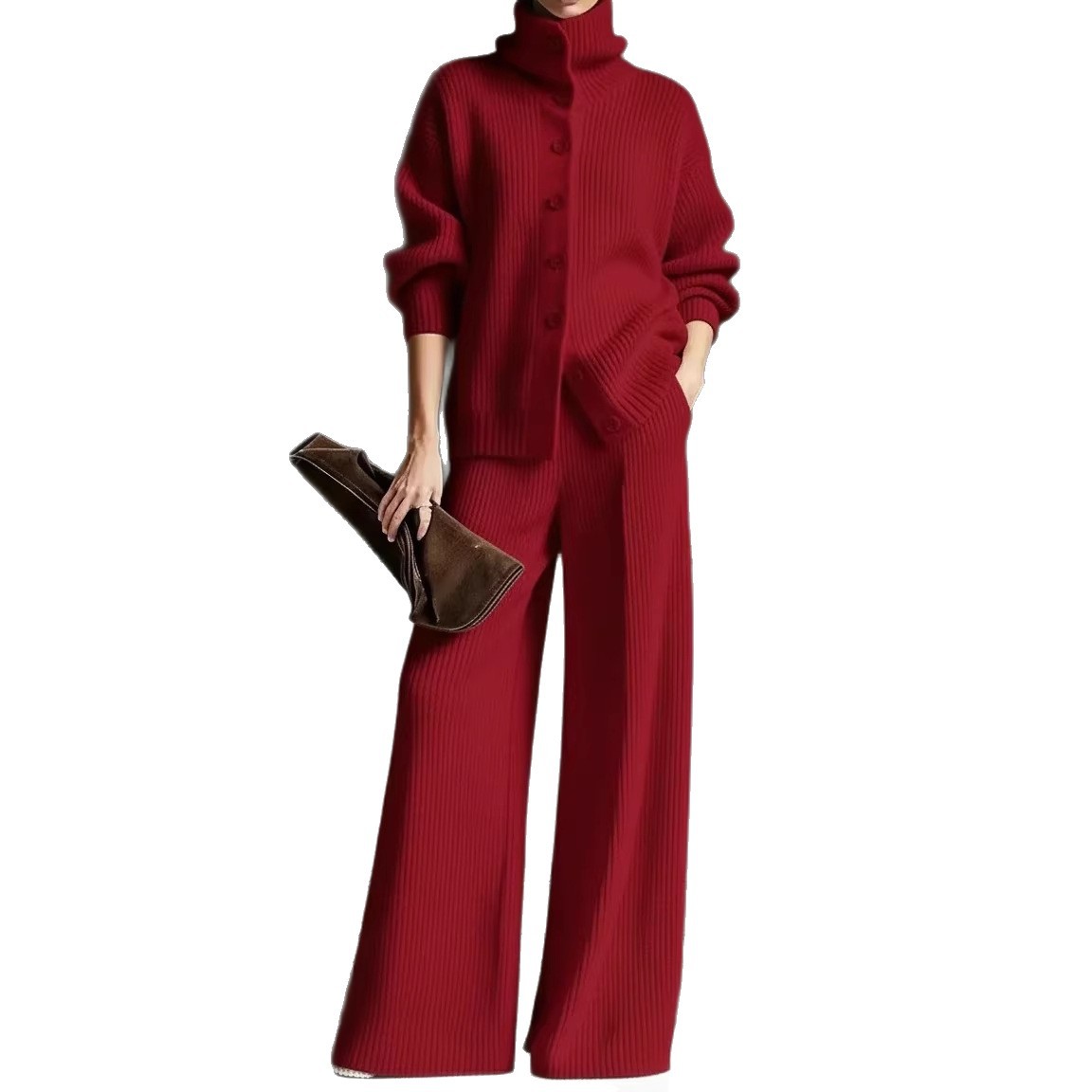 turtleneck Solid Color Cardigan Long-sleeved Top Wide-leg Pants Set Knitted 2-piece Set_ecoleips.com