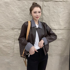 欧货拼接衬衫假两件皮衣外套女秋新款小个子短款韩版复古宽松上衣