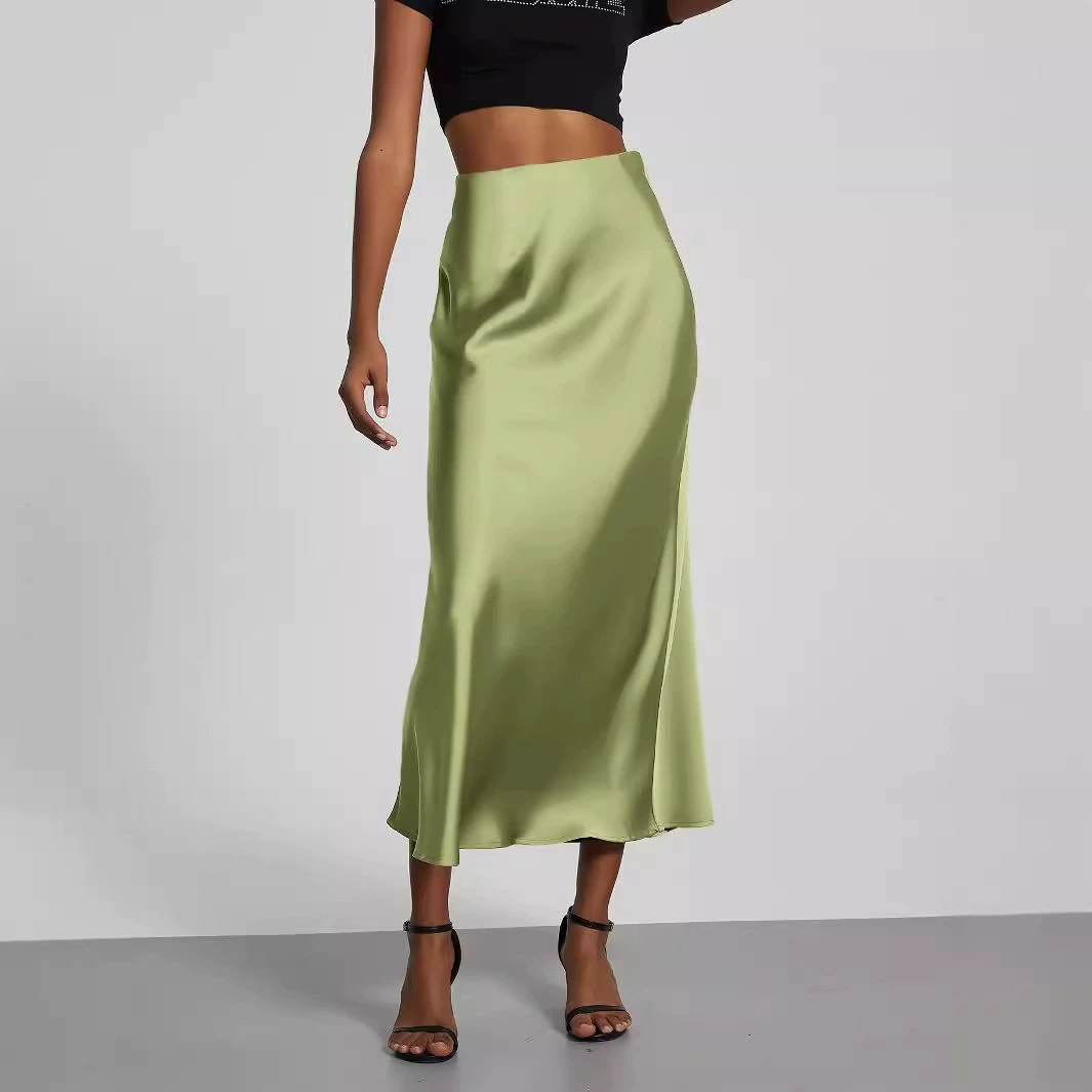 Трансграничная женская одежда оптом европейский и американский стиль моды темперамент атласная текстура юбка сплошной цвет глянцевая подвеска