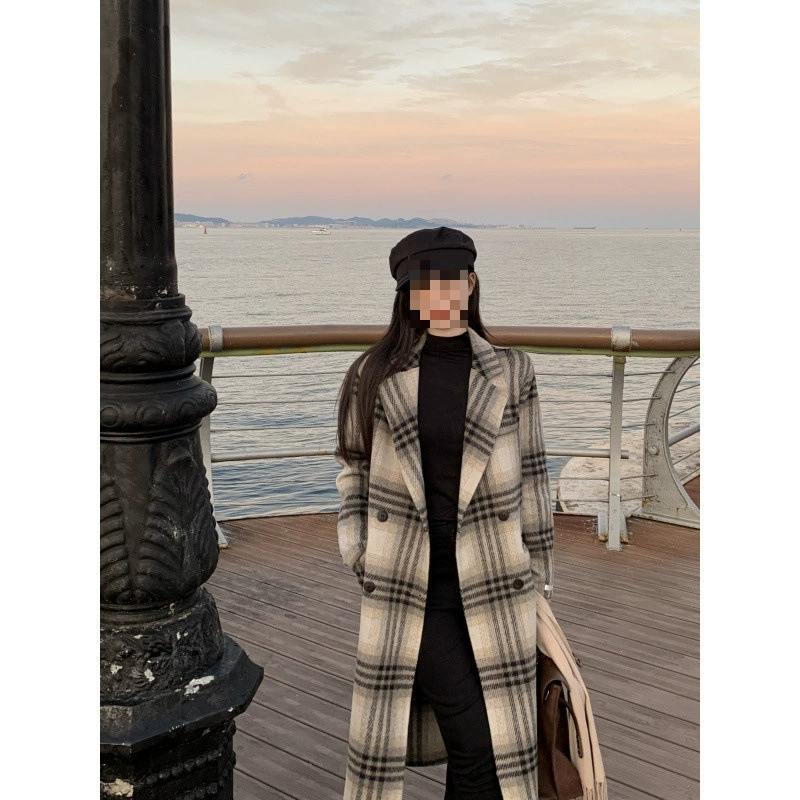 YS8 реальный снимок, высококачественная корейская клетчатая шерстяная верхняя одежда, женская удлиненная свободная повседневная куртка
