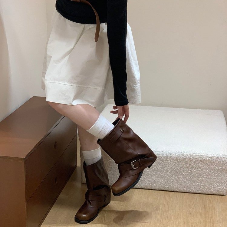 短靴女款秋2025新款皮带扣粗跟牛仔靴马丁靴穿搭褶皱堆堆裤管靴子|undefined