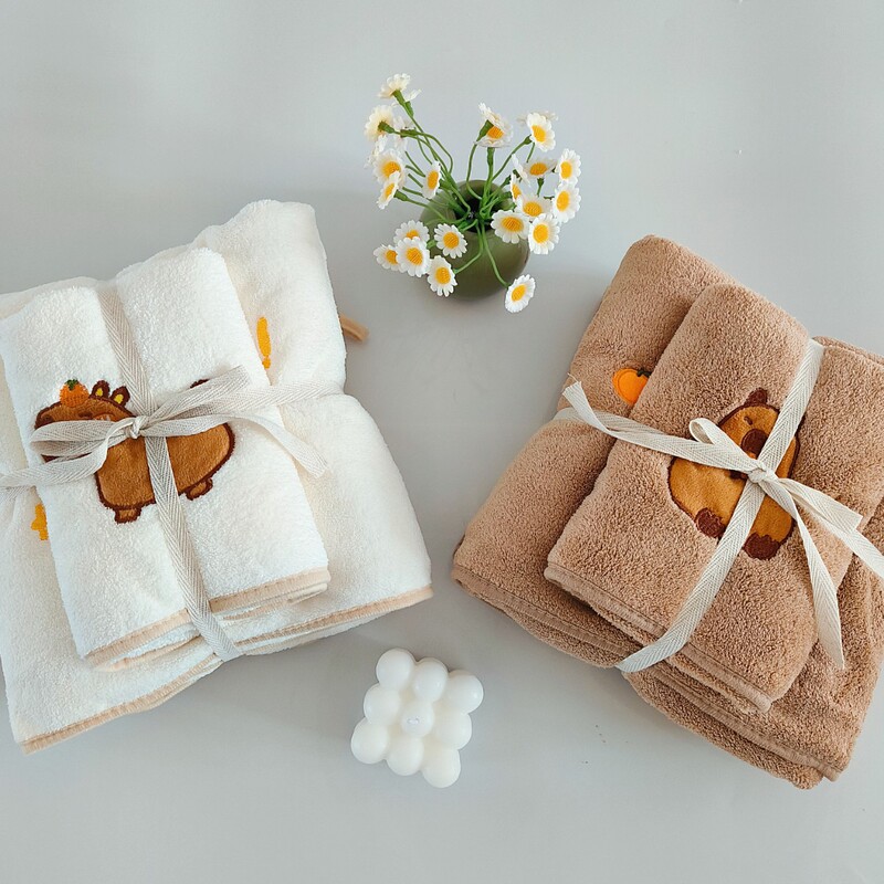 Coral Velvet Capibala Towel Bath Towel Dry Hair Cap Water-Absorbent Quick-Drying Household Towel Capybara Bath Towel Set