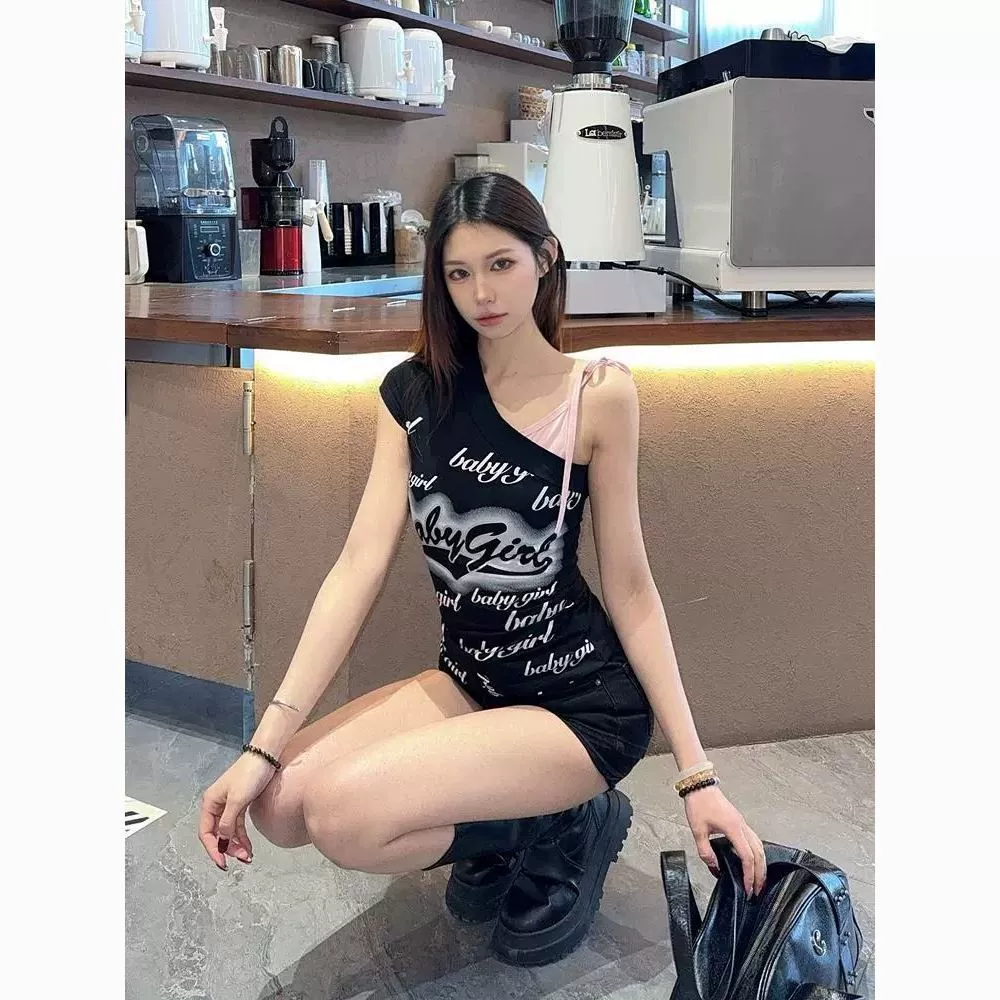 [1*1 человек хлопок] Буквенный принт футболка с короткими рукавами с открытыми плечами