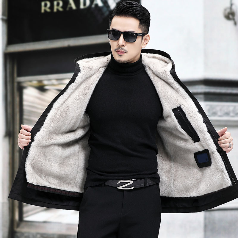 Winter Men's Fur Coat, Mid-Length Parka with Faux Mink Fur Lining, Hooded Nylon Coat for Middle-Aged Men