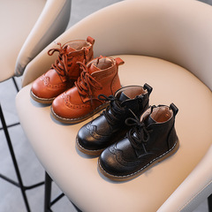 British style children's retro leather shoes high-top Korean style girls' Martin boots single boots 2023 autumn new boys' leather boots