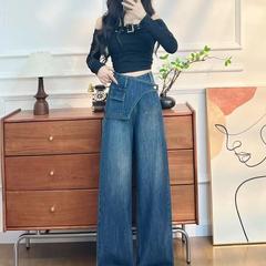 设计感阔腿牛仔裤女秋季2025新款宽松显瘦时髦超火直筒裤中裤