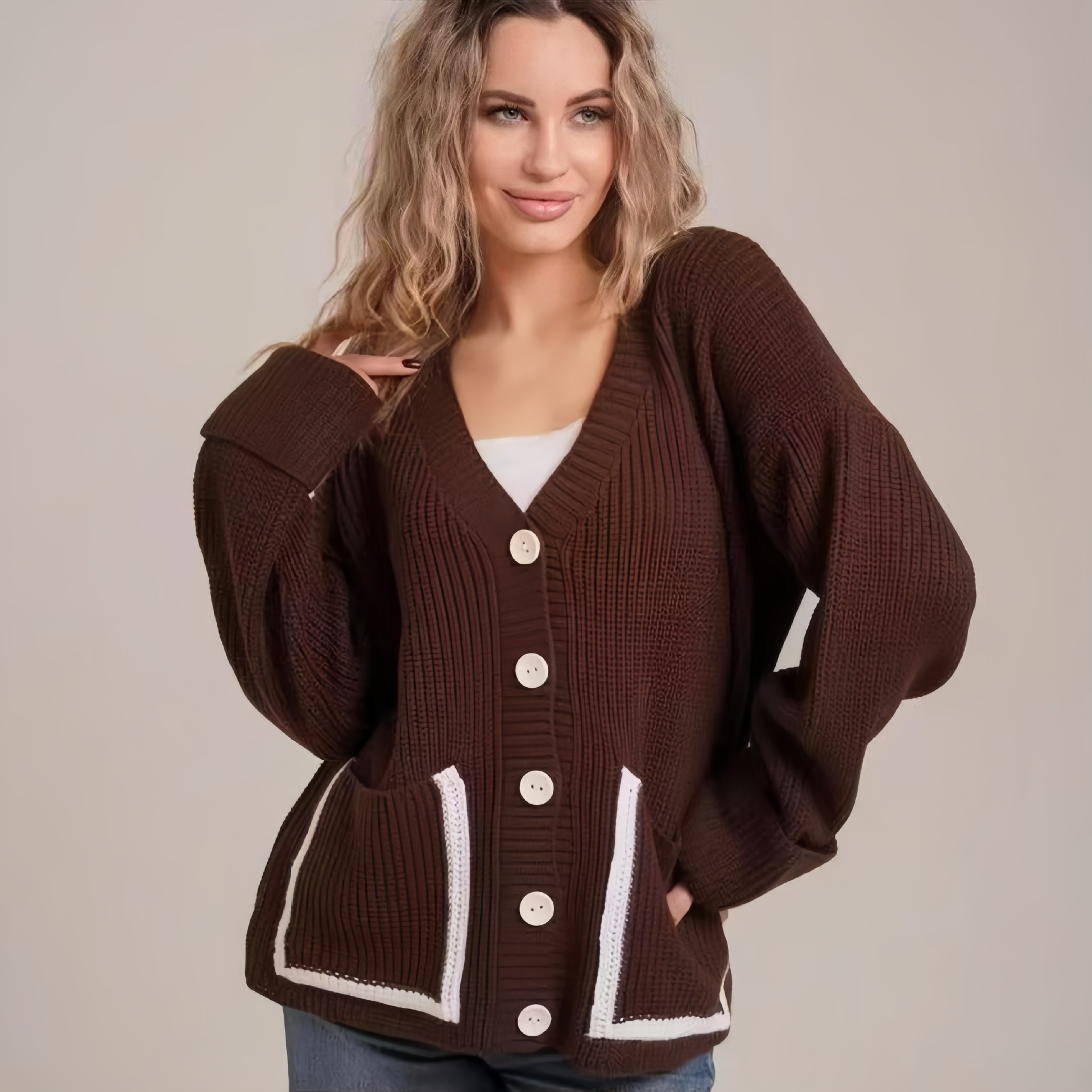 Bolsillo de comercio exterior transfronterizo color de punto Cardigan de mujer otoño invierno nuevo suéter de aguja gruesa de cuello en V image 5