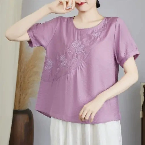 2025 новый летняя рубашка с короткими рукавами вышитая свободная крышка для тонкого и сплошного темперамента футболка с круглым вырезом