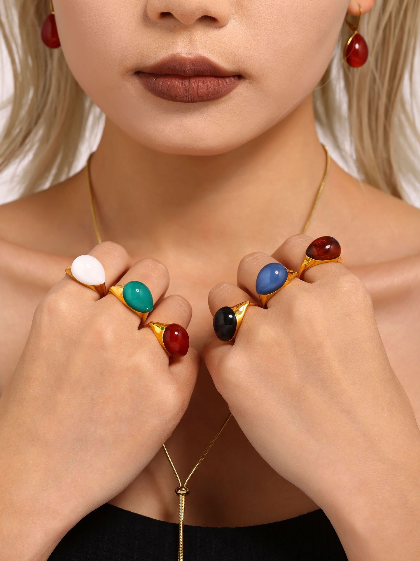 Square Candy Multi-color Droplet Shaped Resin Pendant, Pull-out Sweater Necklace, Ring, Earring, Stainless Steel Set For Women_voghion.com