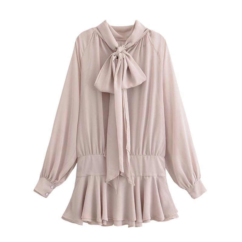 2025 Winter New Women's High-Neck Long-Sleeved Bow-Knot Elegant Layered Skirt Mini Dress