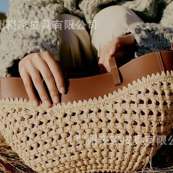 Cross-Border 2025 New Polene Satchel Woven Bag, Trendy Casual, Simple, Large-Capacity Beach Bag, Straw Shoulder Bag