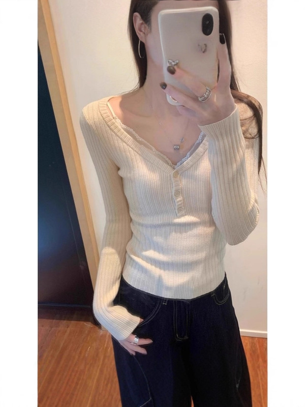 纯欲低领叠穿修身打底衫女春季绝美设计感毛衣内搭长袖针织衫上衣|undefined