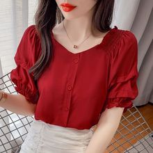高品质漂亮雪纺衬衫夏季薄款短袖女年新款洋气小衫T恤红色上衣