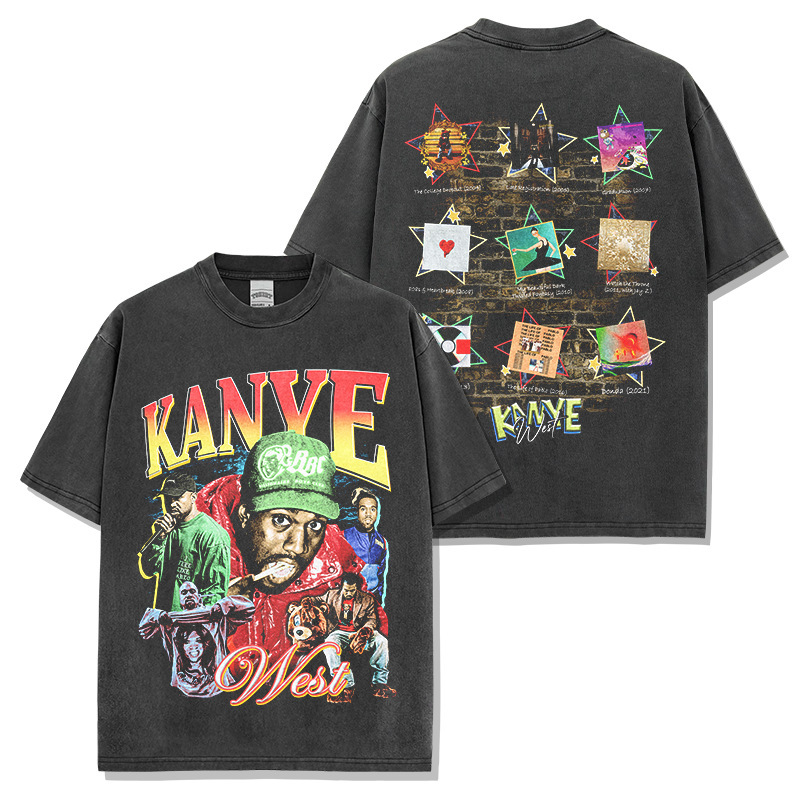 Cross-Border High Street Hip-Hop Style Kanye West Double-Sided Retro Print Loose Street Fashion Versatile Trendy T-Shirt