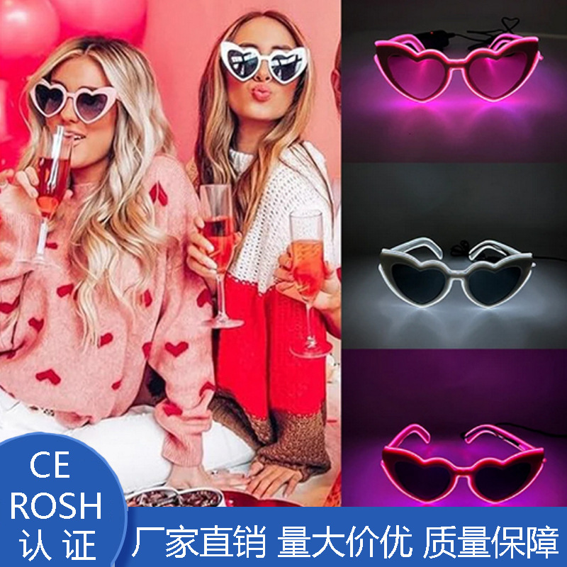 Nuevas gafas de sol luminosas de corazón de melocotón LED para hombres, gafas de amor de fiesta europeas y americanas transfronterizas, gafas de sol de moda callejera para damas