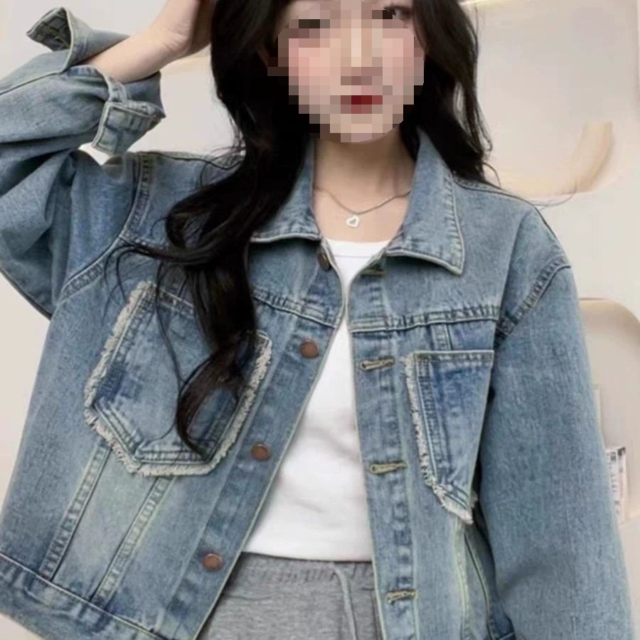 Denim autumn short retro blue jacket for leisure, oversize