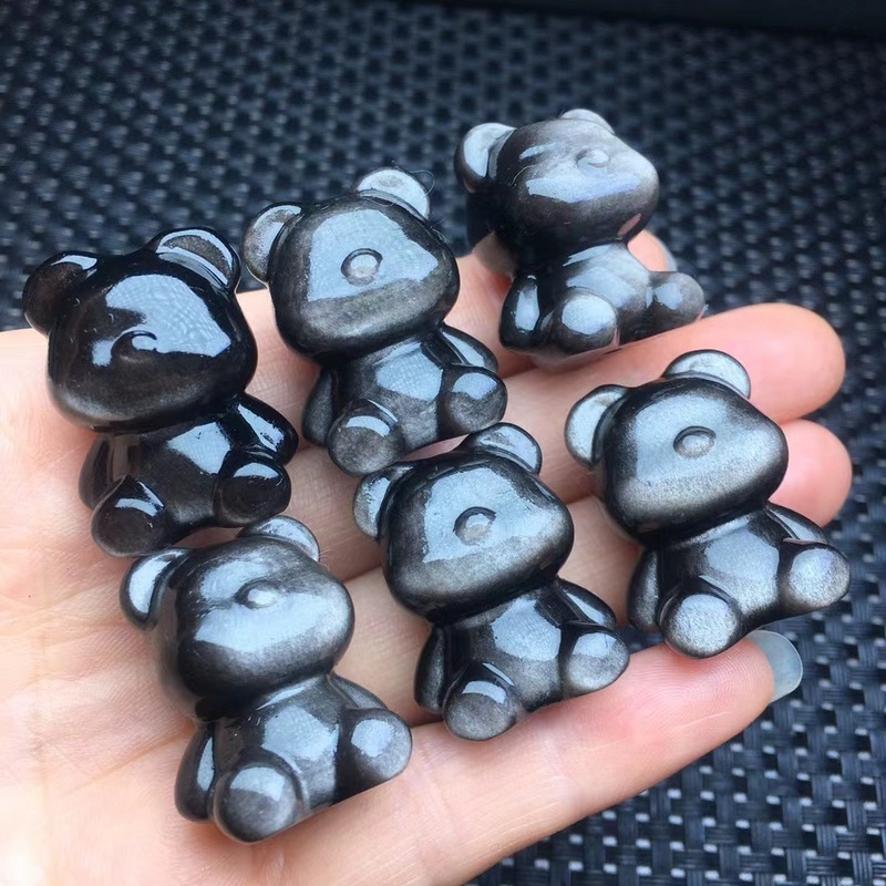[Rongjing Jewelry] Natural Silver Obsidian Bear Faceless Bear Sitting Bear Vertical Through-hole Carving Diy Bracelet Jewelry