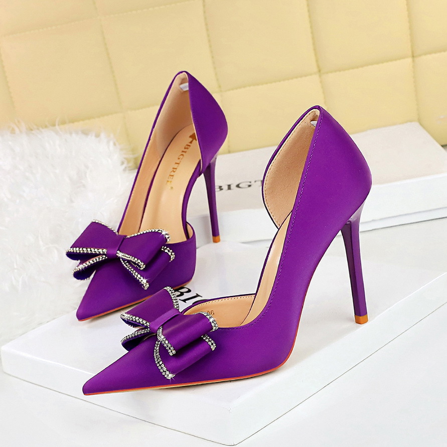 626-H36 Banquet European And American Women's Stiletto Ultra High Heels Shallow Mouth Side Hollow Rhinestone Bow Single_vogvips.com