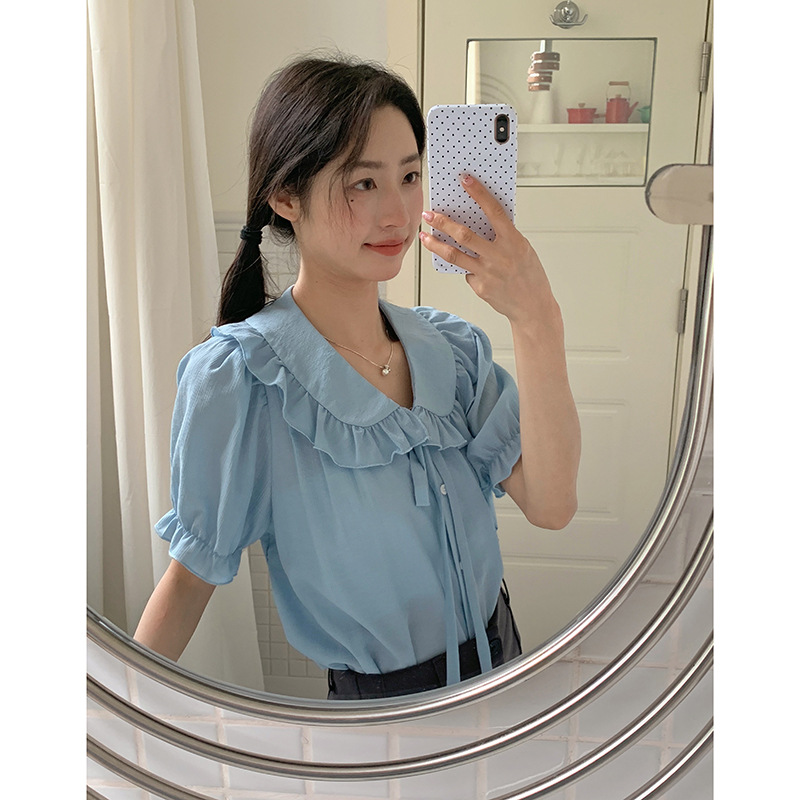 [소녀의 마음] 송밍 프랑스 레트로 우드 이어 인형 칼라 쉬폰 셔츠 여름 탑 여성 Y1415F