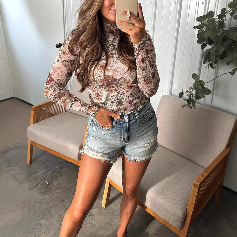 European and American 2025 New Autum Pullover High-Neck Long-Sleeved Tops for Women, Fashionable Casual Slim Printed Bottoming Shirts