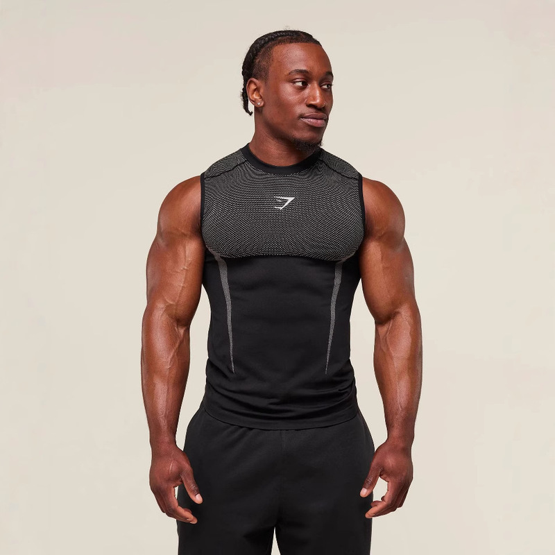 New Gymshark Fitness Vest Men's Tops Casual Breathable Bodysuit Running Training Short-Sleeved Muscle Shark