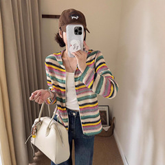 韩版多巴胺条纹连帽开衫女秋季新款修身显瘦休闲百搭长袖上衣外套