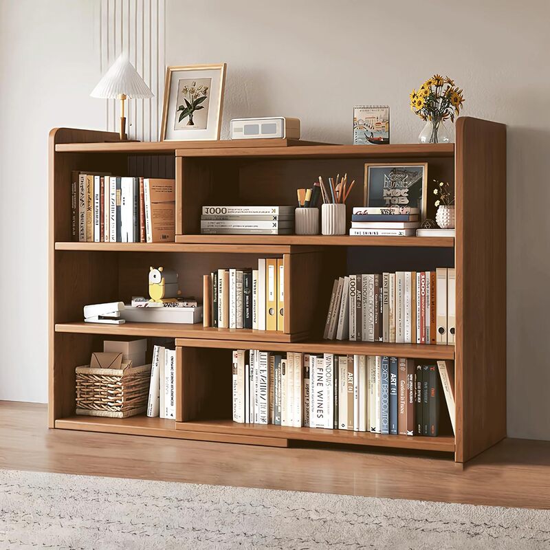 Solid Wood Bookshelf Integrated Against the Wall, Floor-Standing, Retractable Storage Cabinet, Living Room Home Display Rack, Bookcase Storage Rack