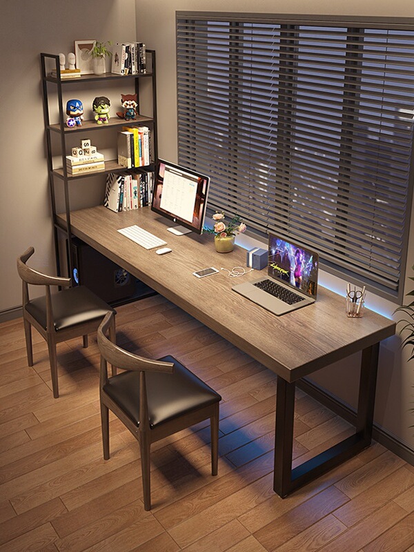 Solid Wood Study Desk with Integrated Bookshelf, Dual Desktop Computer Desk, Wall-Mounted Writing Desk, Long Table Solid Wood Study Desk with Integrated Bookshelf, Dual Desktop Computer Desk, Wall-Mounted Writing Desk, Long Table