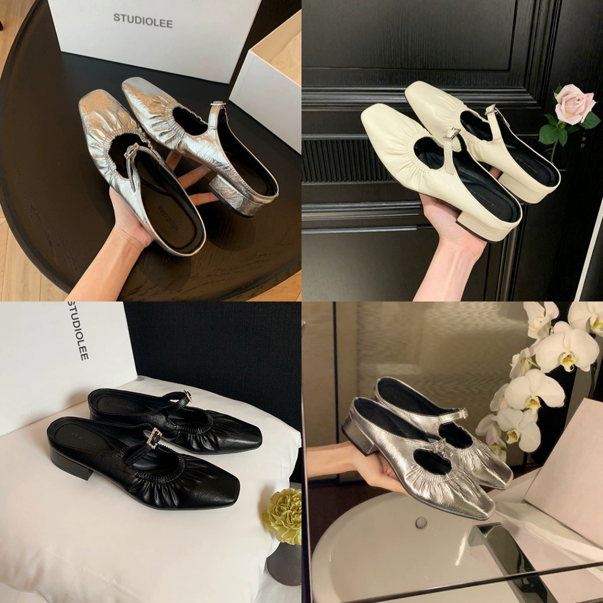 Серебряные плиссированные туфли Мэри Джейн без шнуровки во французском стиле на толстом каблуке и закрытые тапочки со стразами для женщин, в том же стиле, что и у Grape Mom.