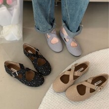 交叉皮带扣奶奶单鞋浅口圆头百搭舒适时尚气质时髦平底鞋玛丽珍鞋