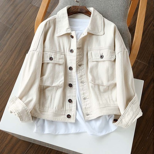 Gentle milky white color!  Single-breasted loose slim denim short jacket for women  spring new style