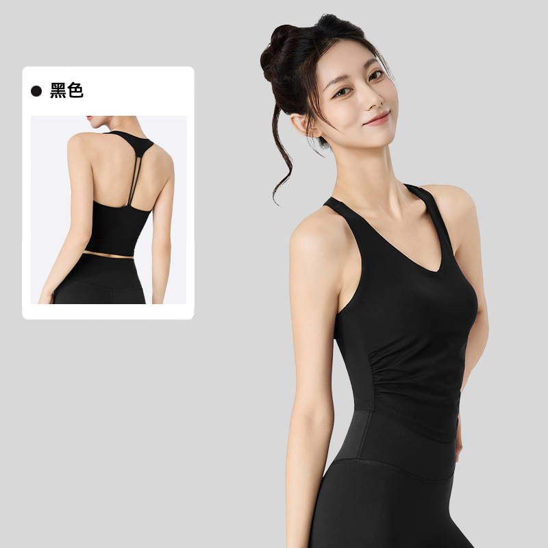 瑜伽服背心上衣女带胸垫免穿内衣腰部抽褶紧身显瘦普拉提运动背心|undefined