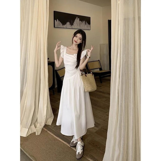First Love Style Purple Flying Sleeve Dress Women's Summer New Tight Waist Hollow Salt Sweet Long Dress Trendy