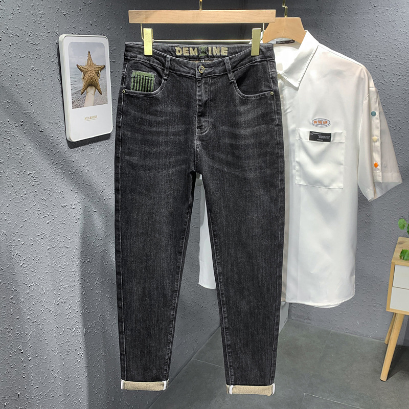 Xintang bordado de los hombres vaqueros delgados estilo coreano versátil adelgazamiento pantalones flacos estiramiento moda casual para niños