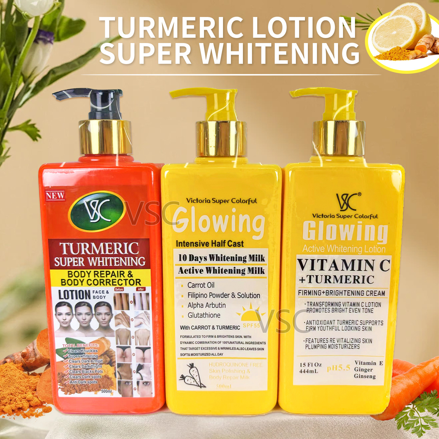 Cross-border turmeric body lotion moisturizer brightening tender firming VC massage cream carrot moisturizing lotion 500ml